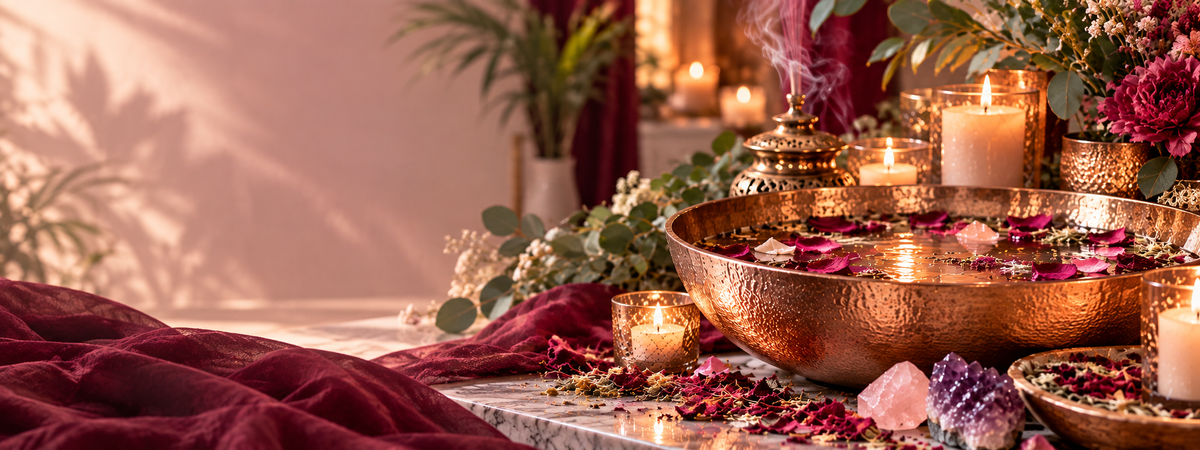 A luxurious ritual bath setting with candles, flowers and crystals