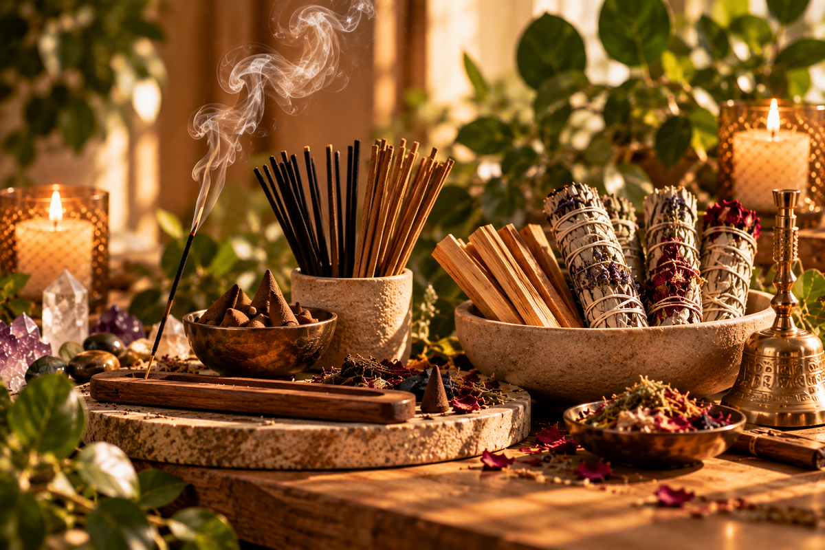 Incense burning in a warm ritual setting