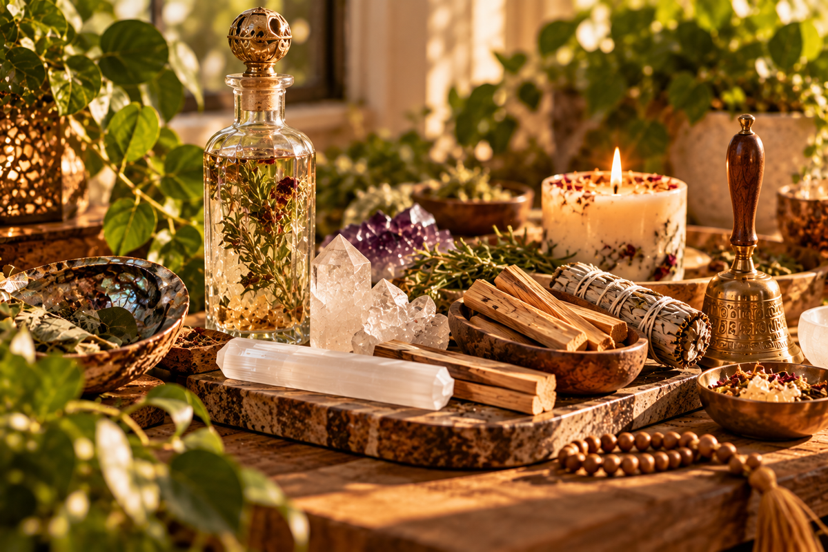 Cleansing and ritual tools arranged for energetic practice